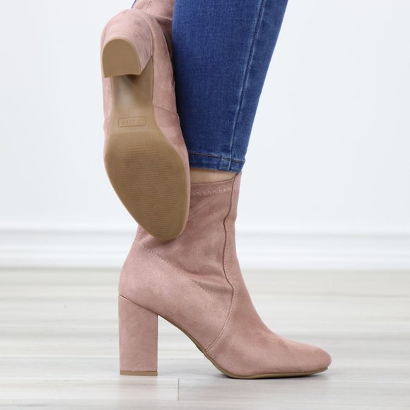 Pointed Toe Pink Faux Suede Block High Heel Above Ankle Boots - Picture 6 of 14